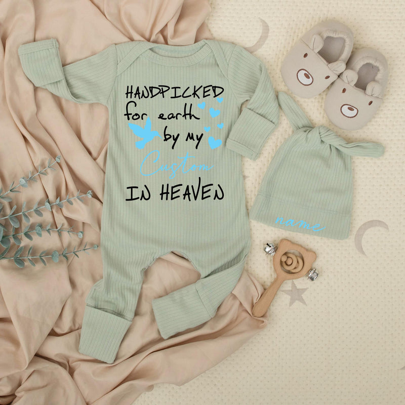 Handpicked for Earth Baby Bodysuit with Custom Name Sentimental Design Light Blue and Black Hearts Perfect Baby Shower or Pregnancy Gift