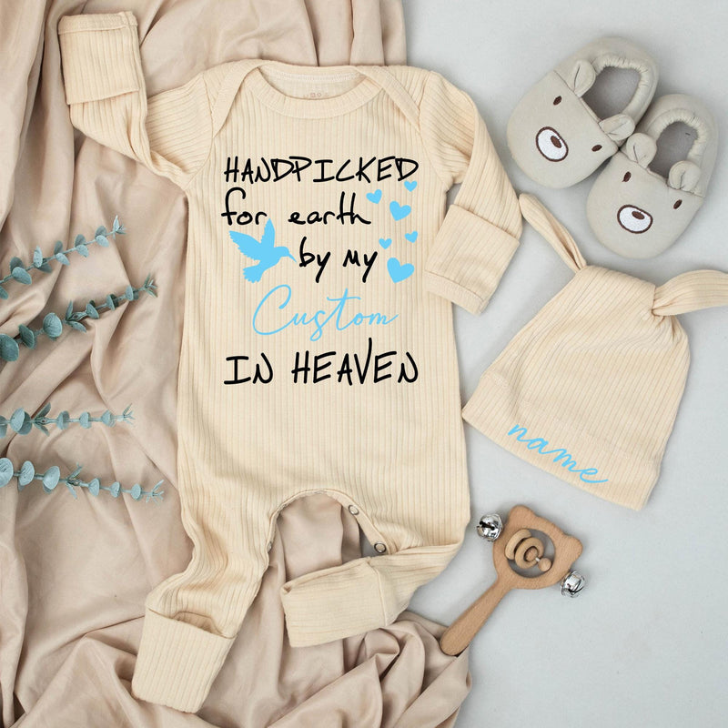 Handpicked for Earth Baby Bodysuit with Custom Name Sentimental Design Light Blue and Black Hearts Perfect Baby Shower or Pregnancy Gift