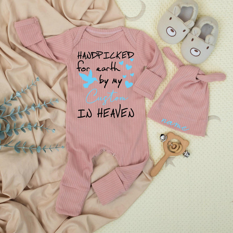 Handpicked for Earth Baby Bodysuit with Custom Name Sentimental Design Light Blue and Black Hearts Perfect Baby Shower or Pregnancy Gift