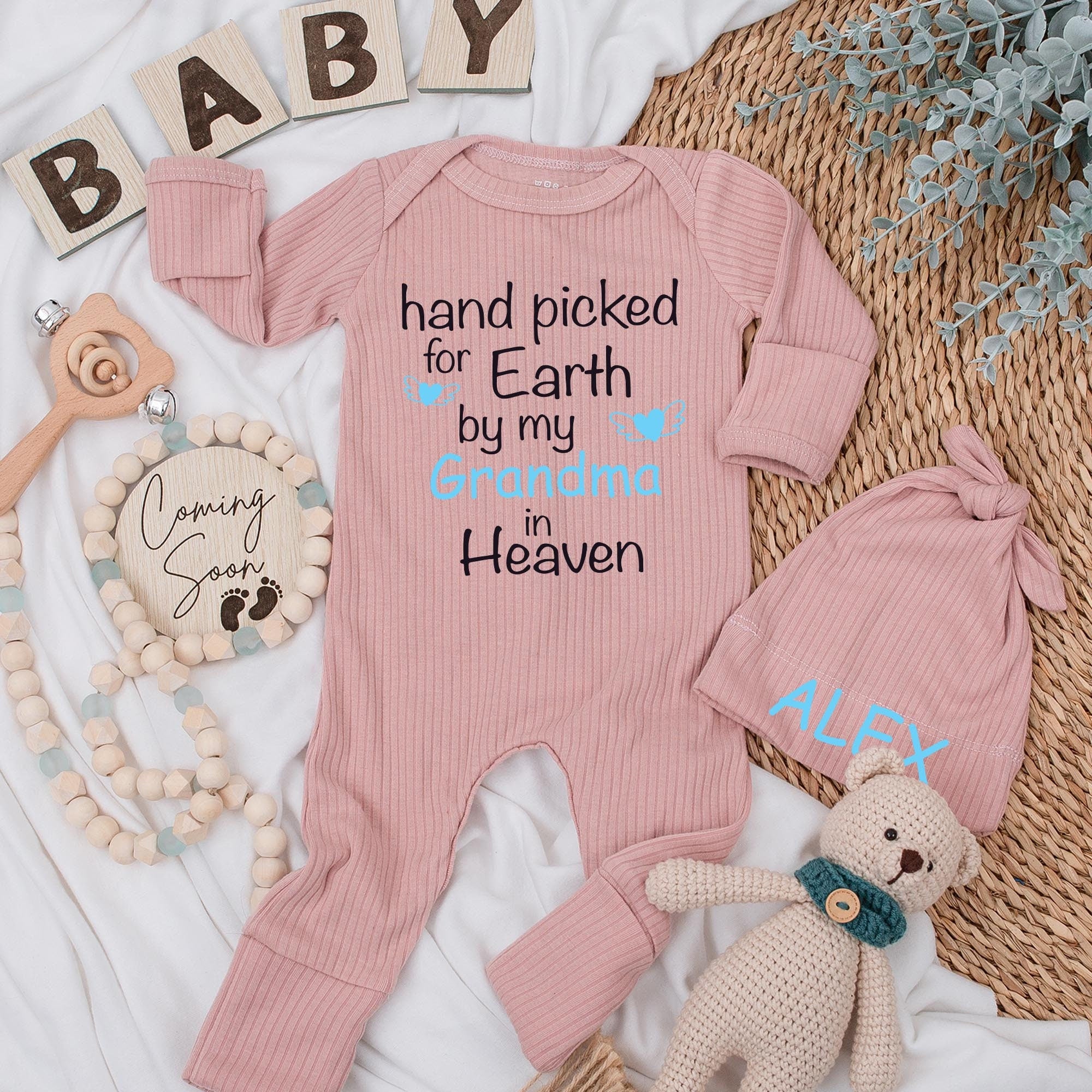 Handpicked for Earth by Grandma in Heaven Baby Bodysuit Gift Set Soft Cotton Newborn Infant Shower Present Sentimental Keepsake