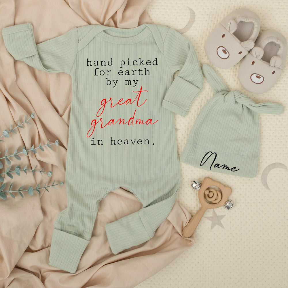 Handpicked for Earth by My Great Grandma in Heaven Baby Bodysuit Cute Red Cursive Font Heartfelt Baby Clothes Perfect Shower Gift