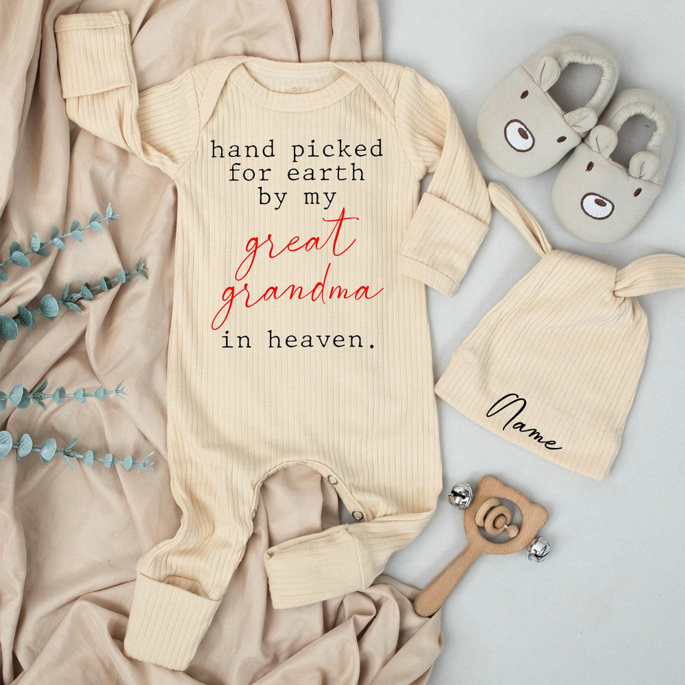 Handpicked for Earth by My Great Grandma in Heaven Baby Bodysuit Cute Red Cursive Font Heartfelt Baby Clothes Perfect Shower Gift