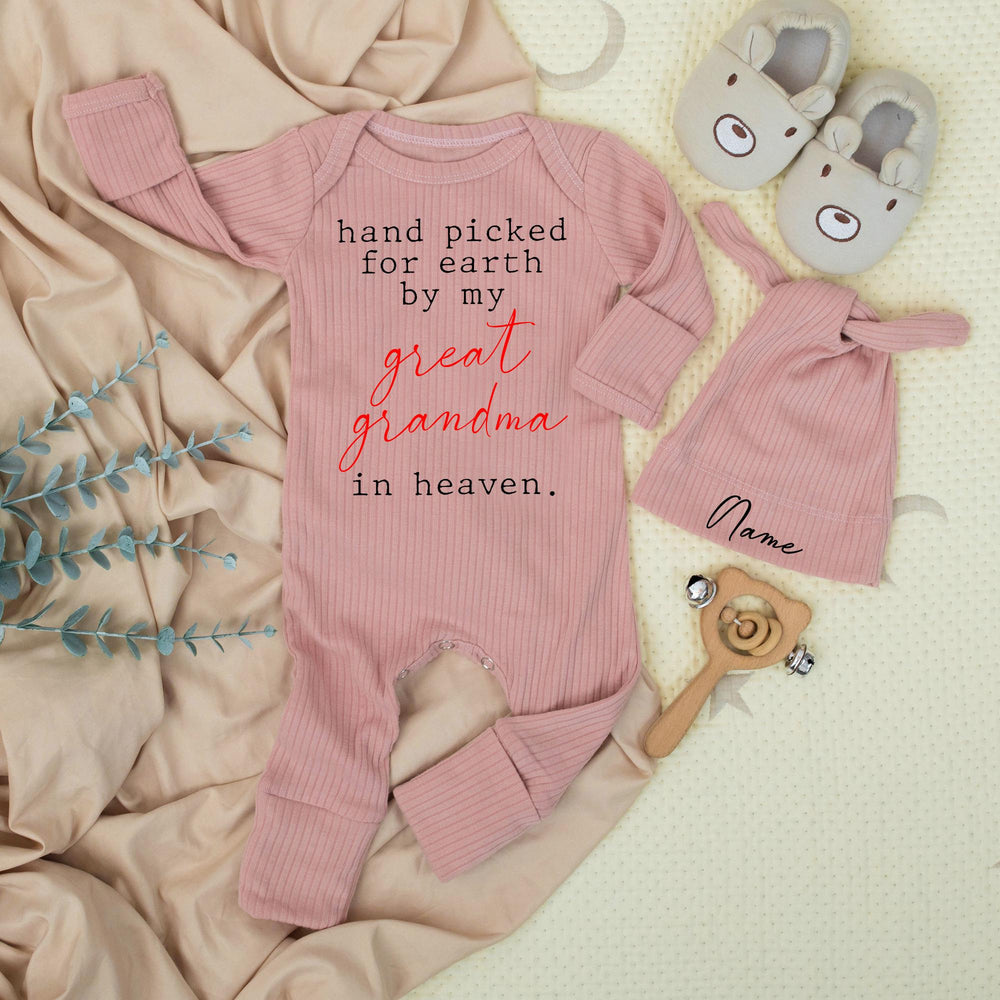 Handpicked for Earth by My Great Grandma in Heaven Baby Bodysuit Cute Red Cursive Font Heartfelt Baby Clothes Perfect Shower Gift