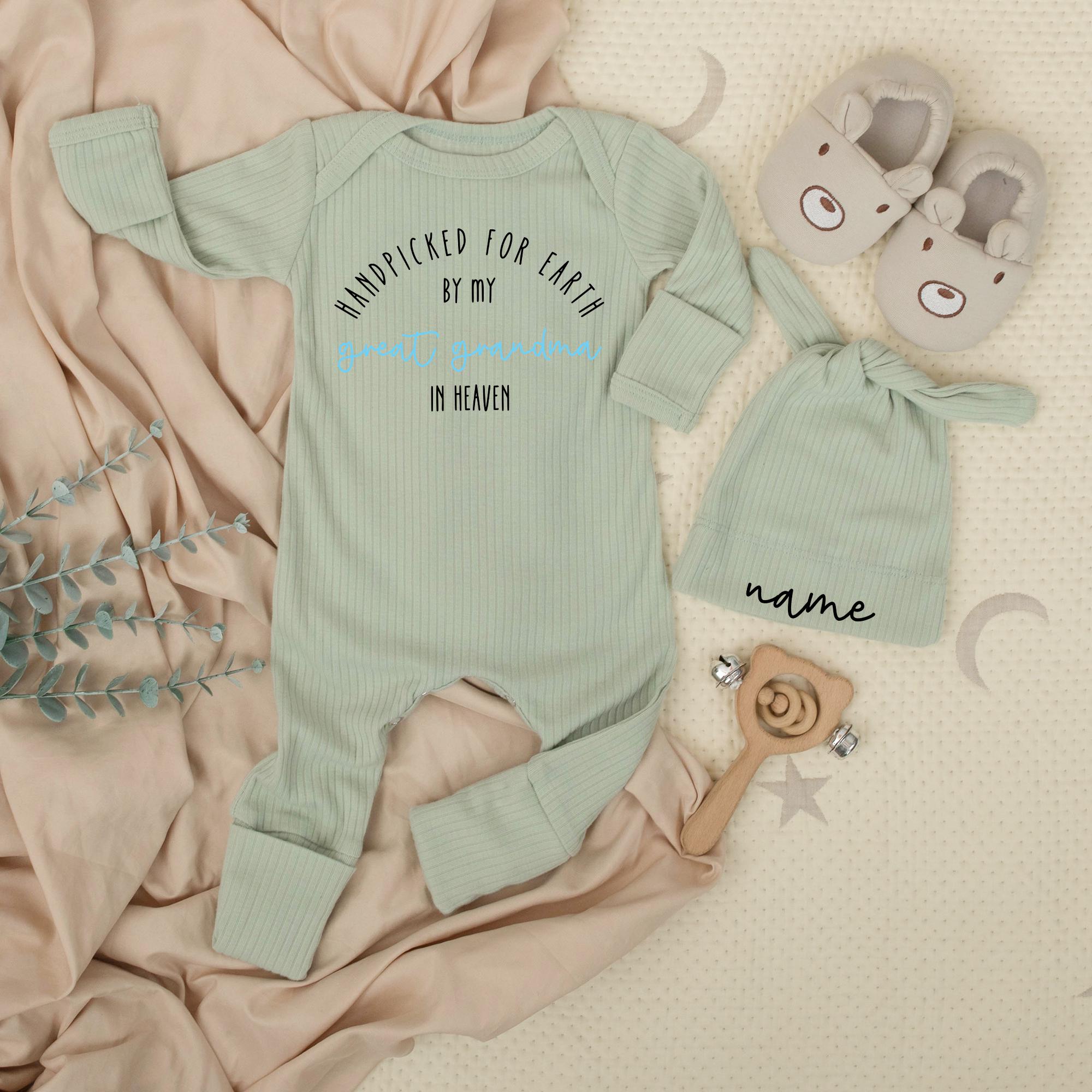 Handpicked for Earth by My Great Grandma in Heaven Baby Bodysuit and Hat Set, Custom Newborn Outfit Baby Shower or Pregnancy Reveal Gift