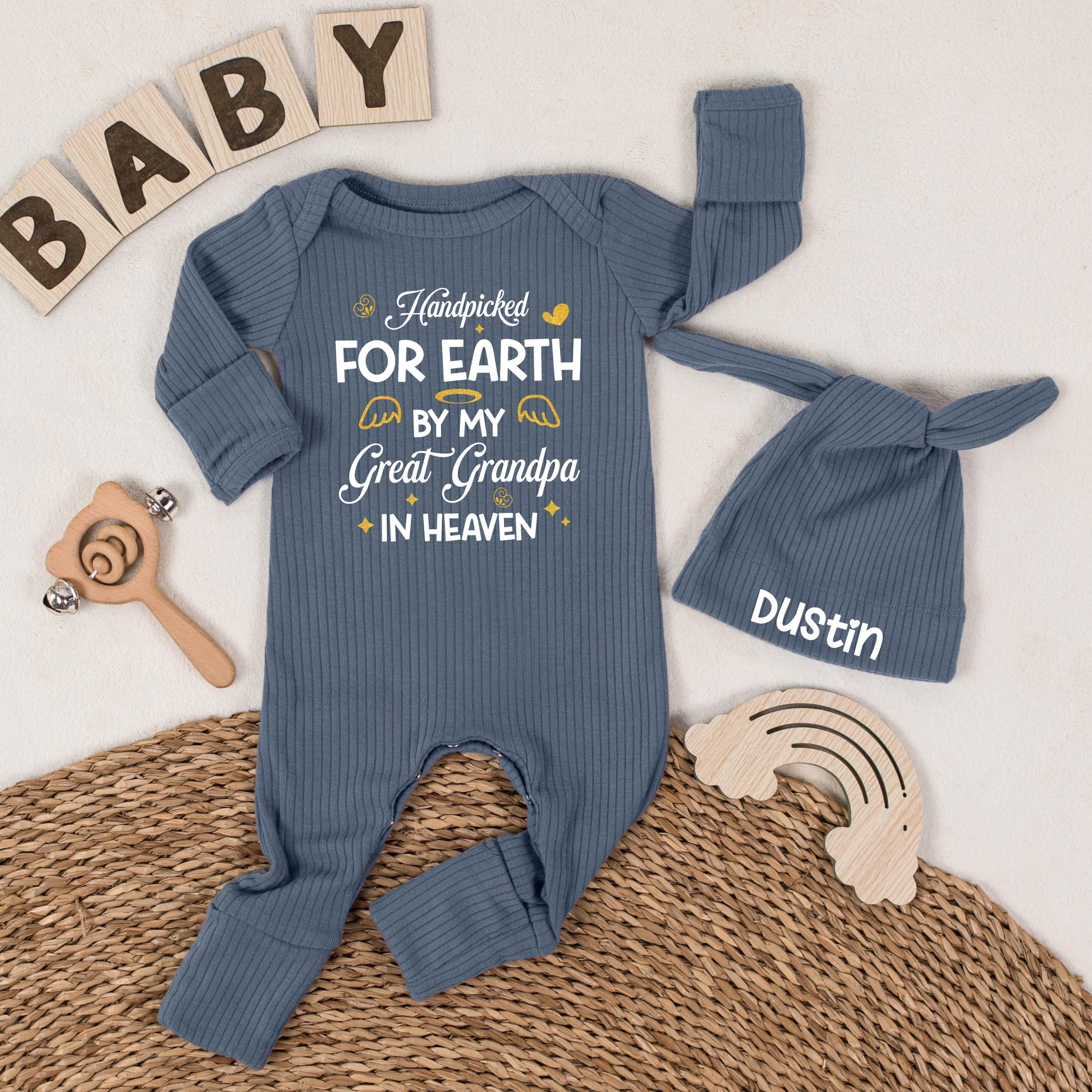 Handpicked for Earth by My Great Grandpa in Heaven Baby Bodysuit and Custom Name Hat, Newborn Gift for Baby Shower or Pregnancy Announcement