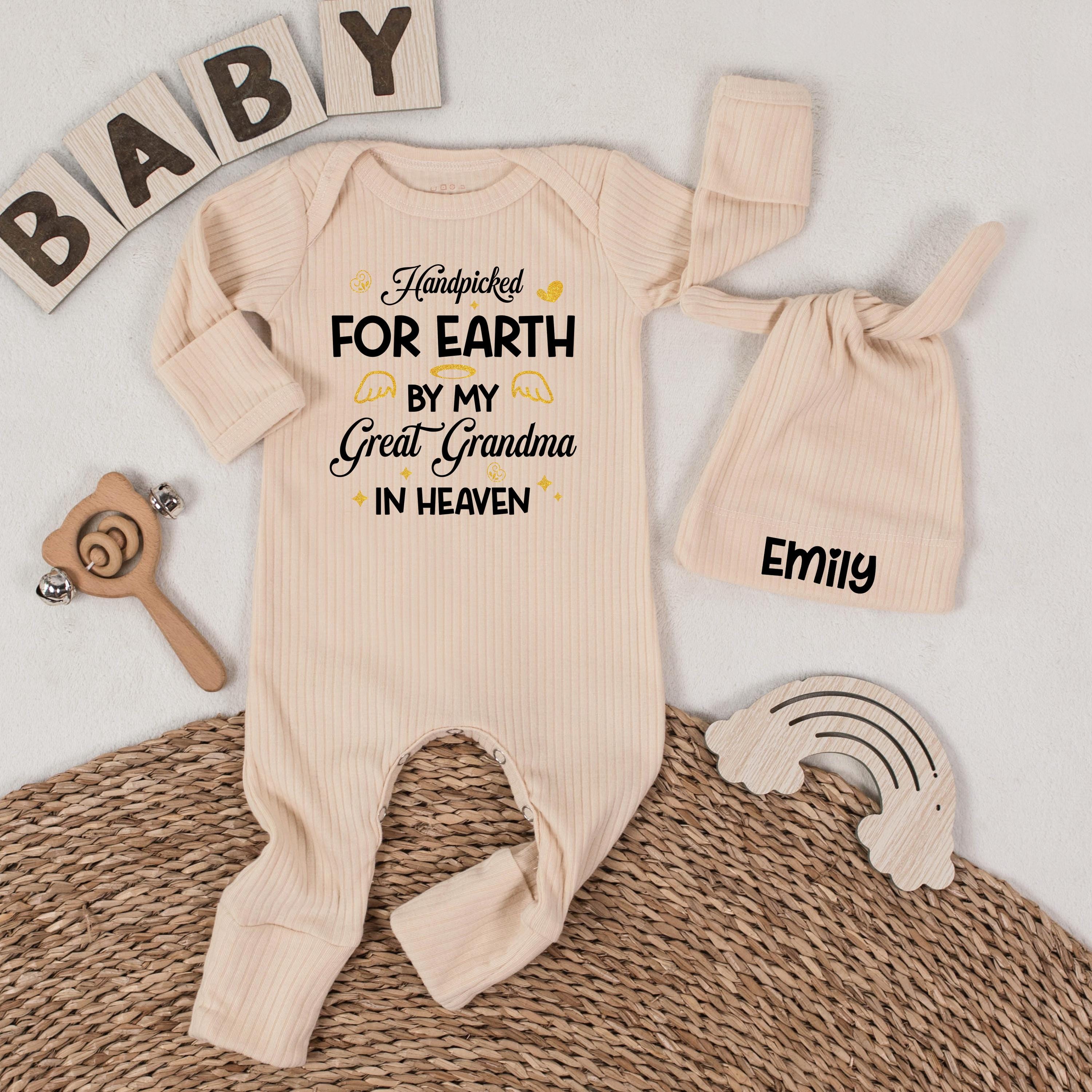 Handpicked for Earth by My Great Grandpa in Heaven Baby Bodysuit and Custom Name Hat, Newborn Gift for Baby Shower or Pregnancy Announcement