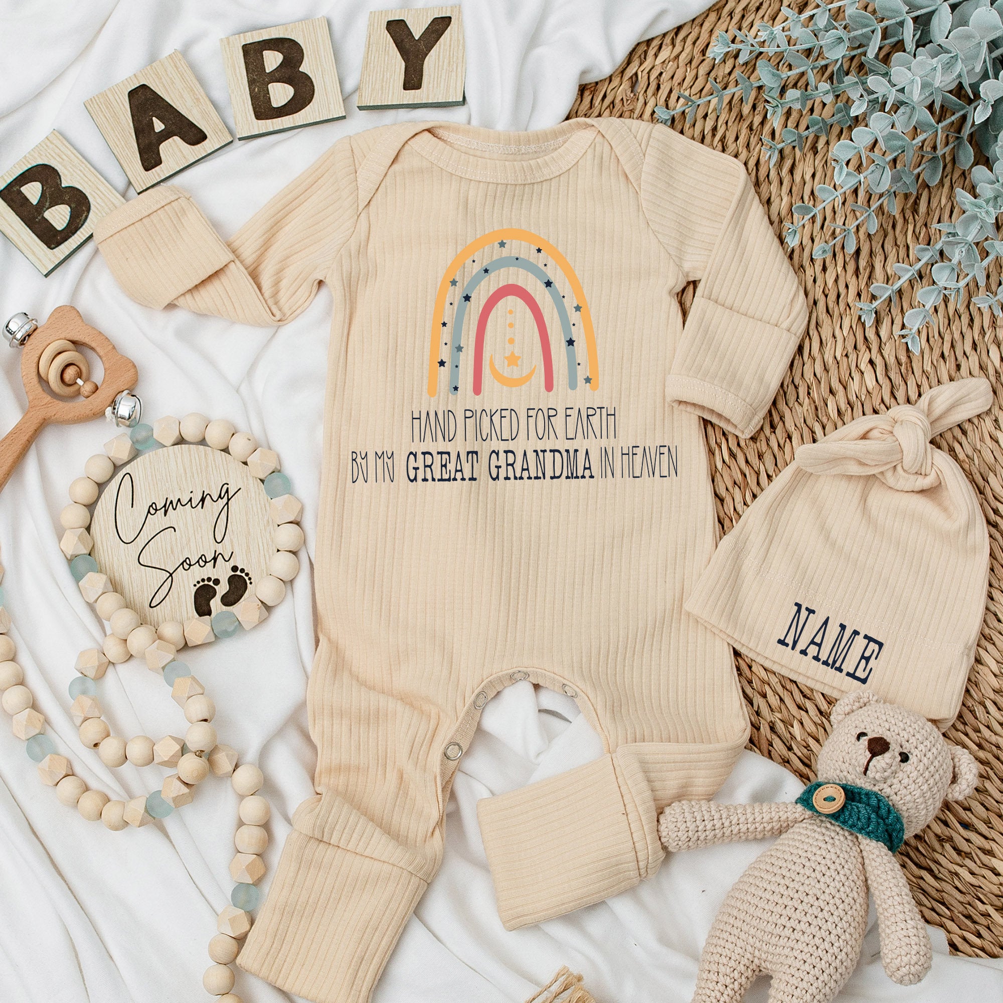 Handpicked by Great Grandma Baby Bodysuit with Pastel Rainbow Stars Sentimental Baby Shower Gift Soft Cotton Comfortable Outfit
