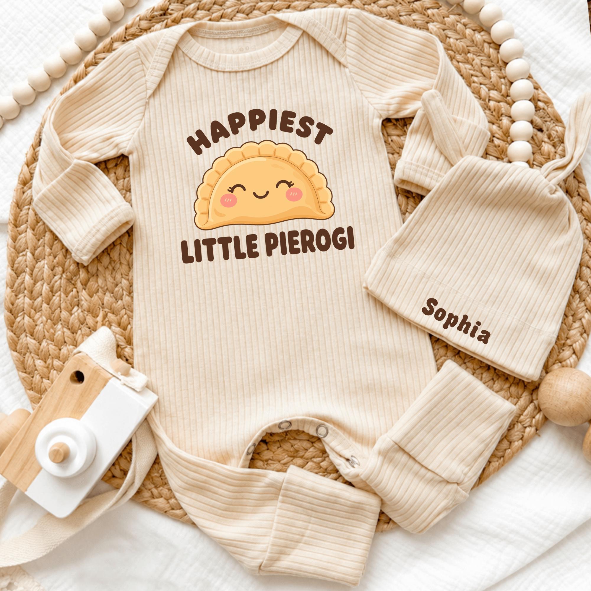 Happiest Little Pierogi Baby Bodysuit and Hat Set with Custom Name, Funny Newborn Coming Home Outfit, Polish Food Baby Shower Gift