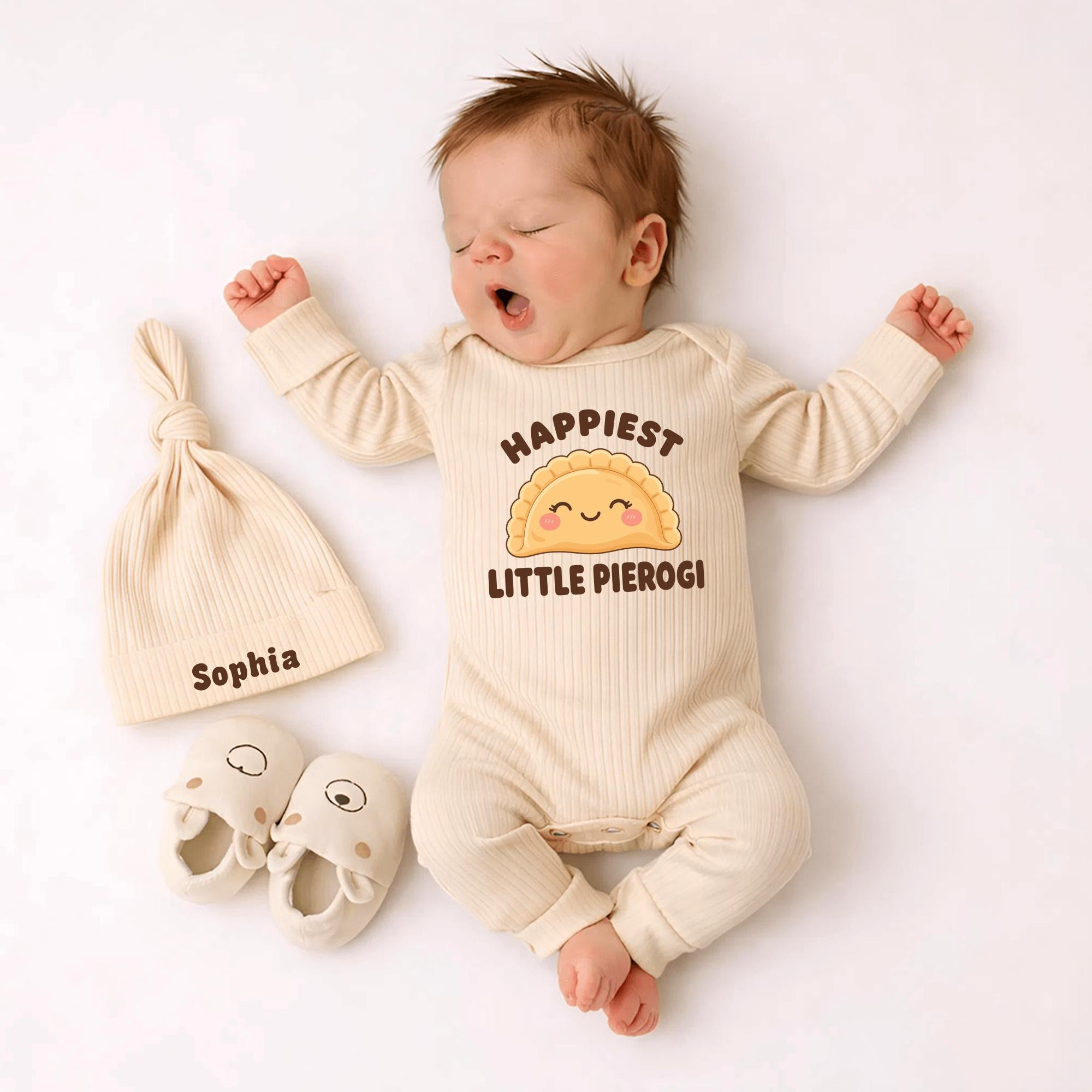 Happiest Little Pierogi Baby Bodysuit and Hat Set with Custom Name, Funny Newborn Coming Home Outfit, Polish Food Baby Shower Gift