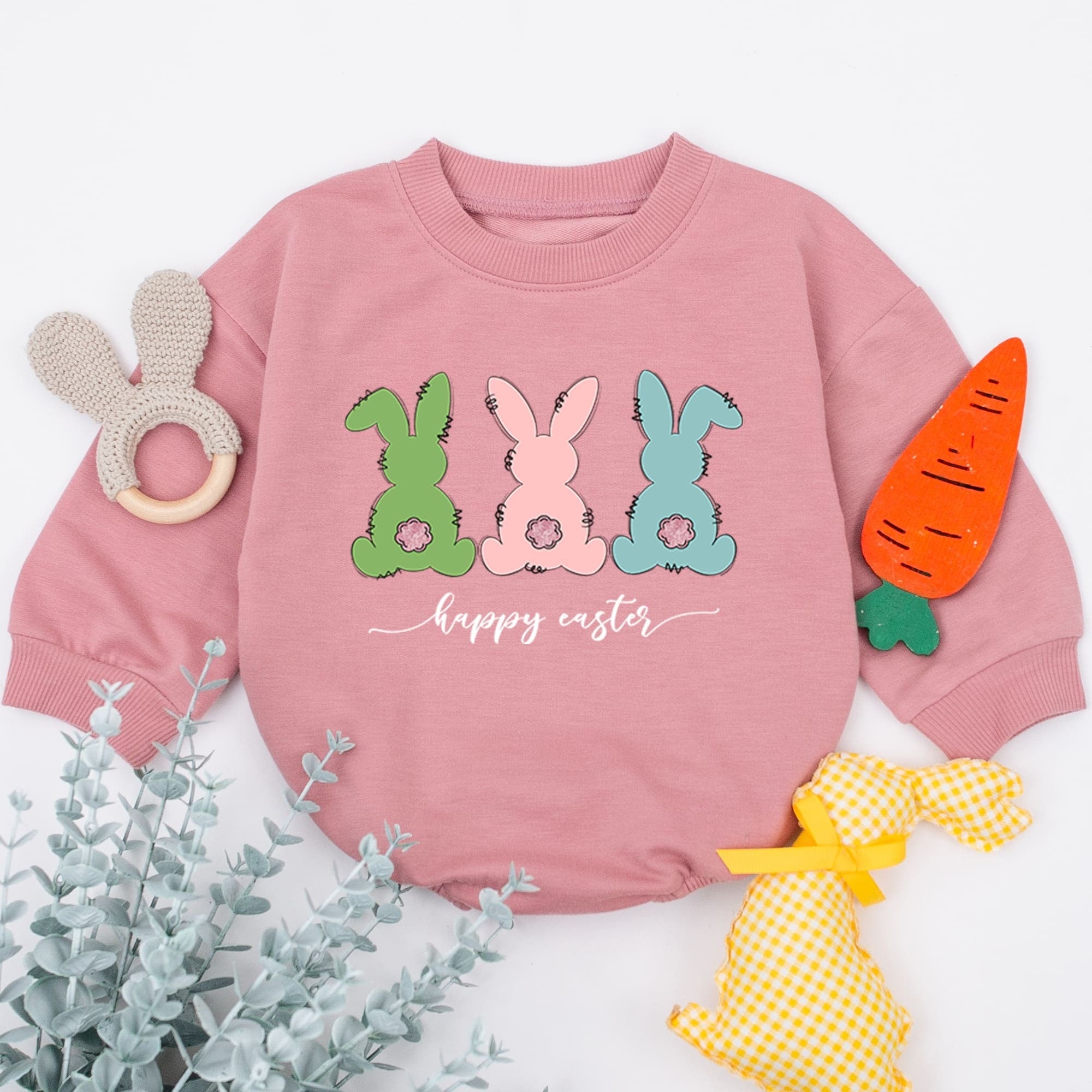 Happy Easter Baby Romper Pastel Bunnies Design Cotton Sleepsuit Personalized Gift for Newborns Easter Holiday Baby Shower Present