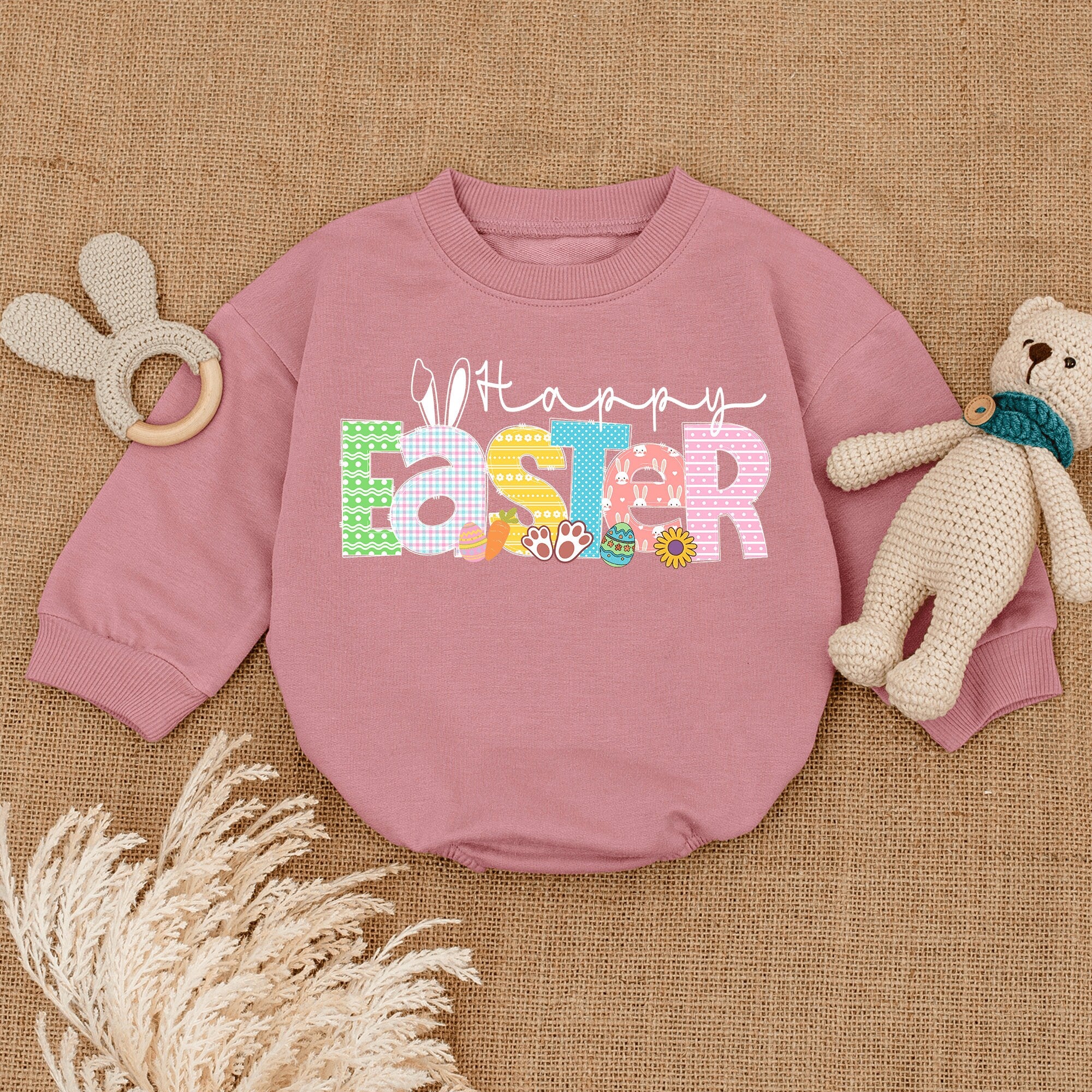 Happy Easter Bubble Romper for Baby and Toddler Girl Bunny Ears Pastel Colors Holiday Outfit Cute Floral Polka Dot Pattern Baby Shower Gift