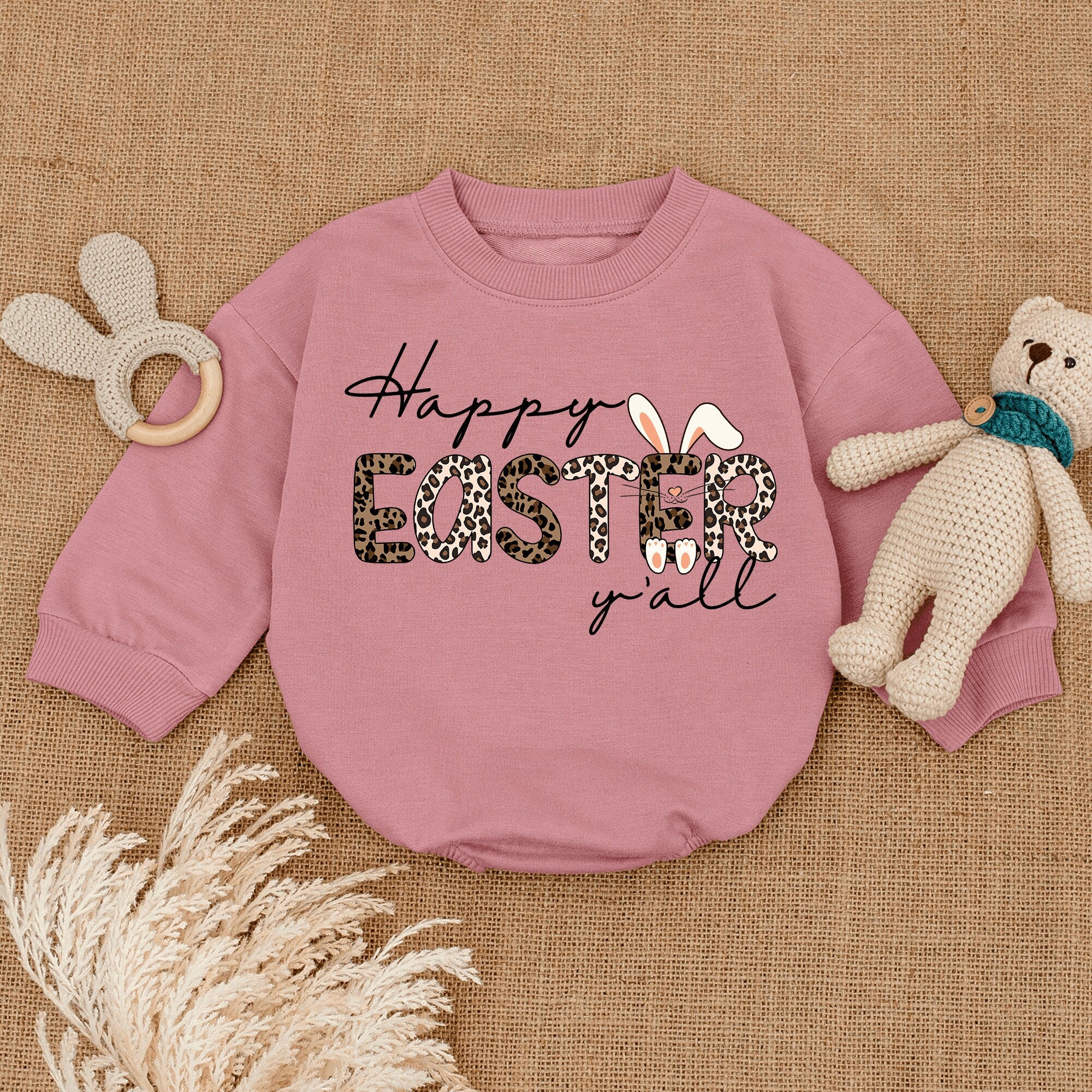 Happy Easter Y'all Baby Romper with Leopard Print Soft Cotton Easter Outfit Bunny Ears Infant Toddler Holiday Retro Design Comfortable