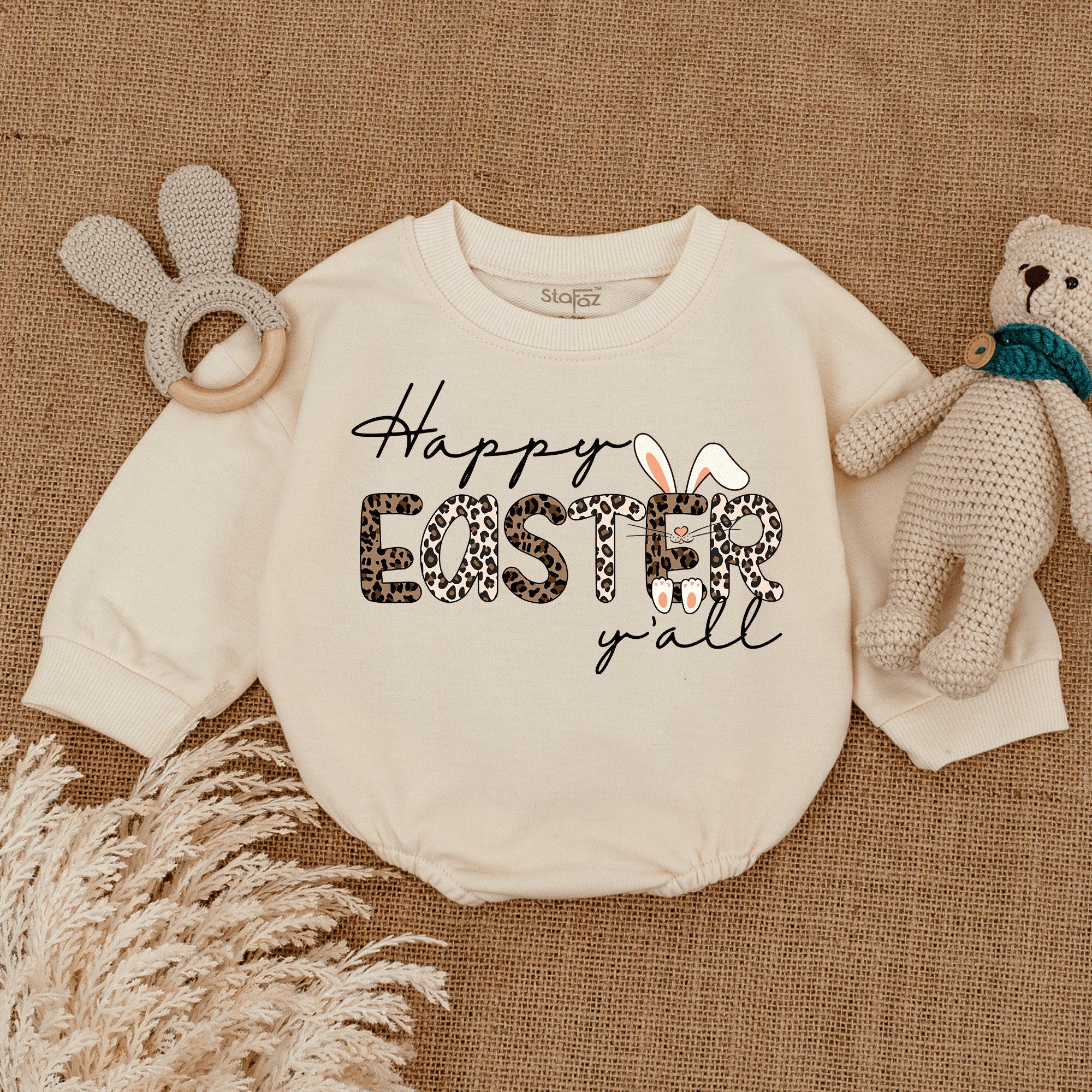 Happy Easter Y'all Baby Romper with Leopard Print Soft Cotton Easter Outfit Bunny Ears Infant Toddler Holiday Retro Design Comfortable