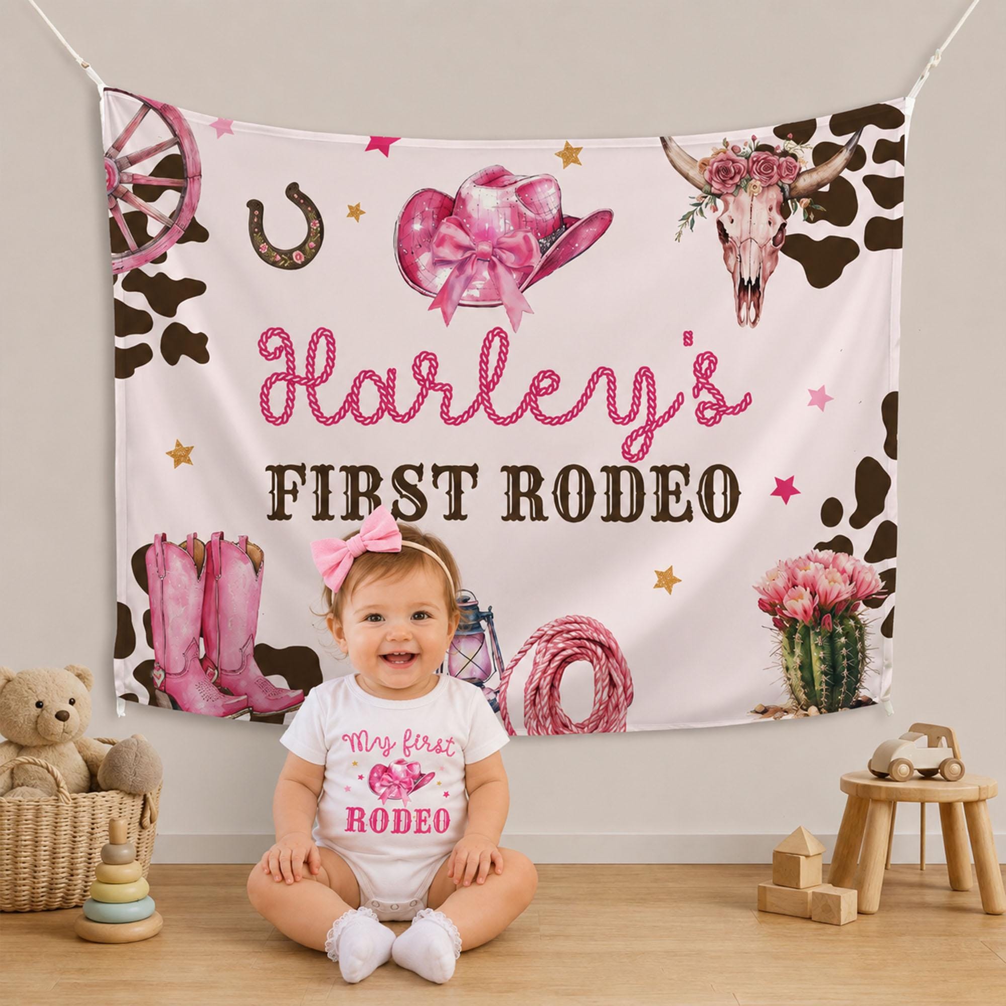Harley's First Rodeo Pink Cowgirl Silk Banner with Western Boots & Cowboy Hat, Custom Name Birthday Party Backdrop Decor