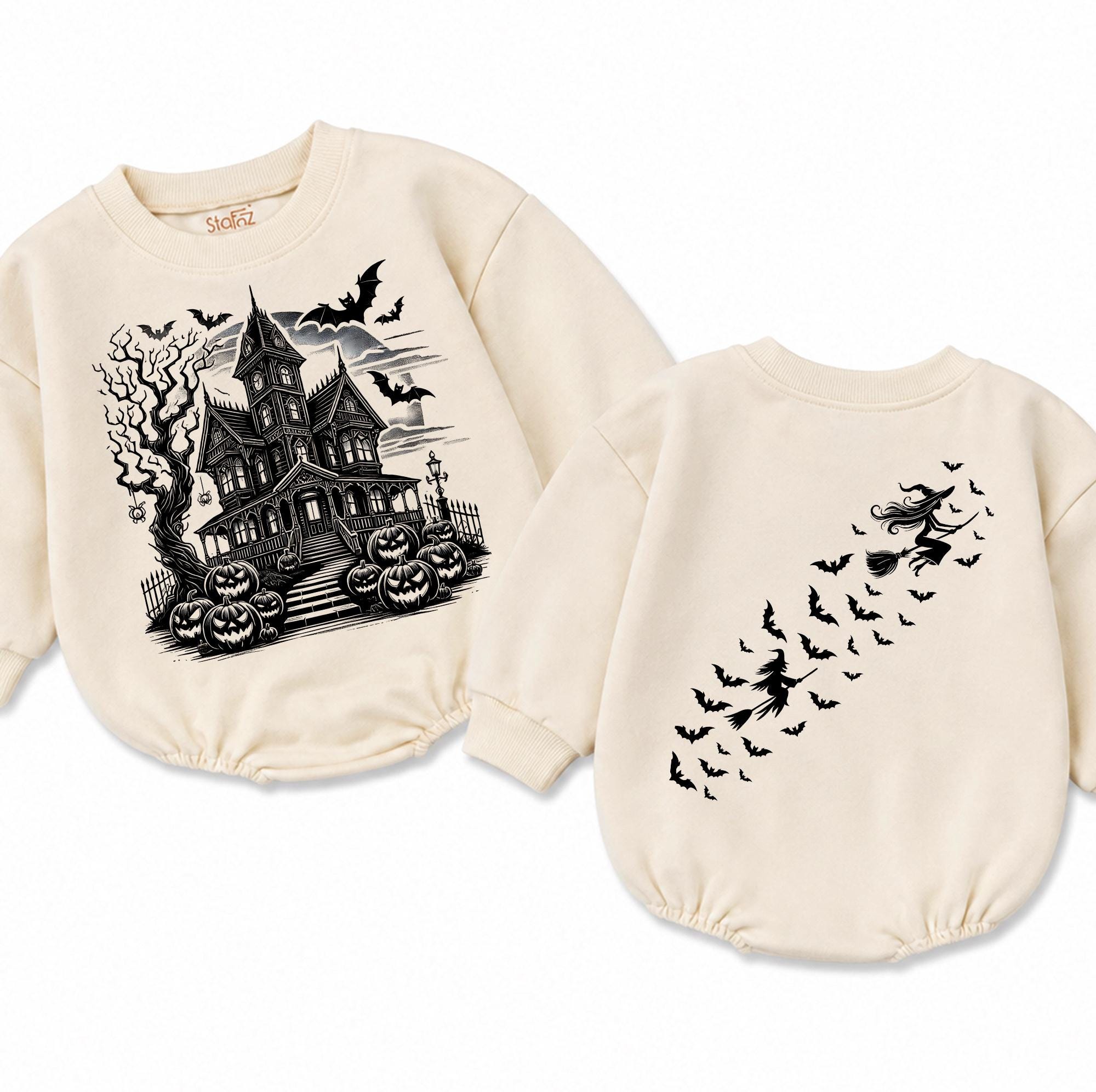Haunted House Baby Bubble Romper with Witch and Bats, Long Sleeve Halloween Sweatshirt Romper for Babies 0-24M, Soft Cotton Fall Outfit