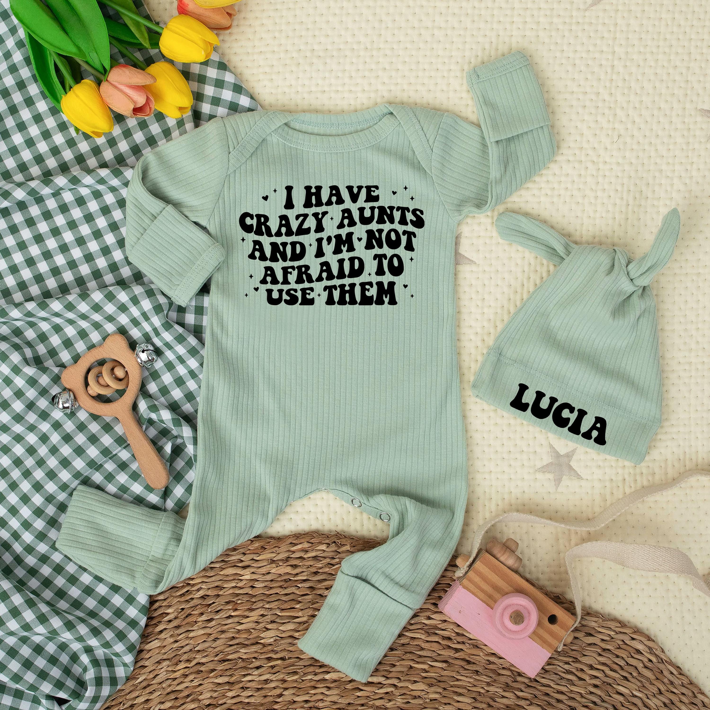 I Have Crazy Aunts Baby Romper and Custom Name Hat, Funny Newborn Outfit, Baby Shower Gift, New Niece or Nephew Coming Home Set