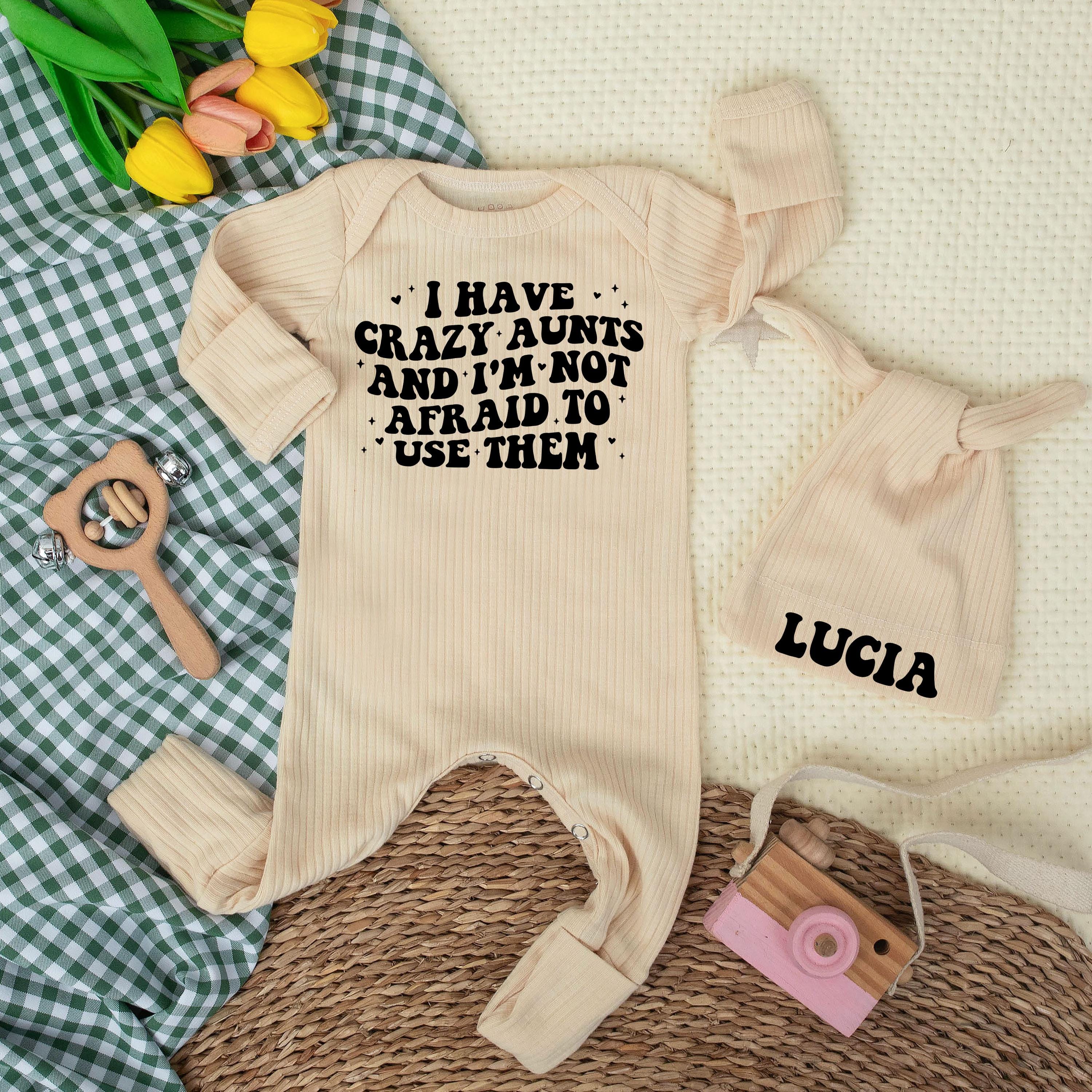 I Have Crazy Aunts Baby Romper and Custom Name Hat, Funny Newborn Outfit, Baby Shower Gift, New Niece or Nephew Coming Home Set