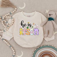 He Is Risen Baby Romper with Bunny Ears and Colorful Patterns, Christian Easter Outfit for Infant or Toddler, 1st Easter Day Gift