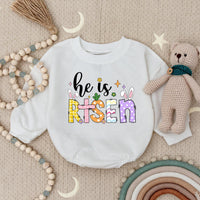 He Is Risen Baby Romper with Bunny Ears and Colorful Patterns, Christian Easter Outfit for Infant or Toddler, 1st Easter Day Gift