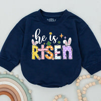 He Is Risen Baby Romper with Bunny Ears and Colorful Patterns, Christian Easter Outfit for Infant or Toddler, 1st Easter Day Gift