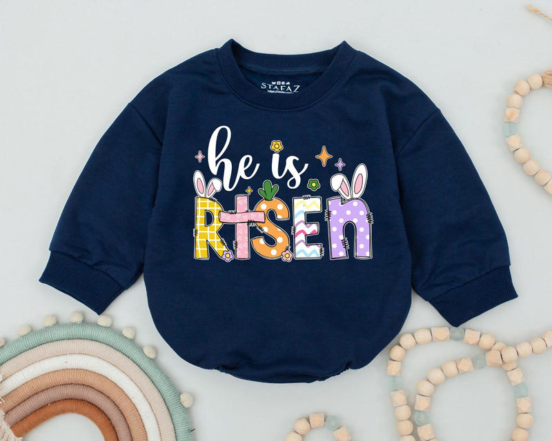 He Is Risen Baby Romper with Bunny Ears and Colorful Patterns, Christian Easter Outfit for Infant or Toddler, 1st Easter Day Gift