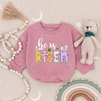 He Is Risen Baby Romper with Bunny Ears and Colorful Patterns, Christian Easter Outfit for Infant or Toddler, 1st Easter Day Gift