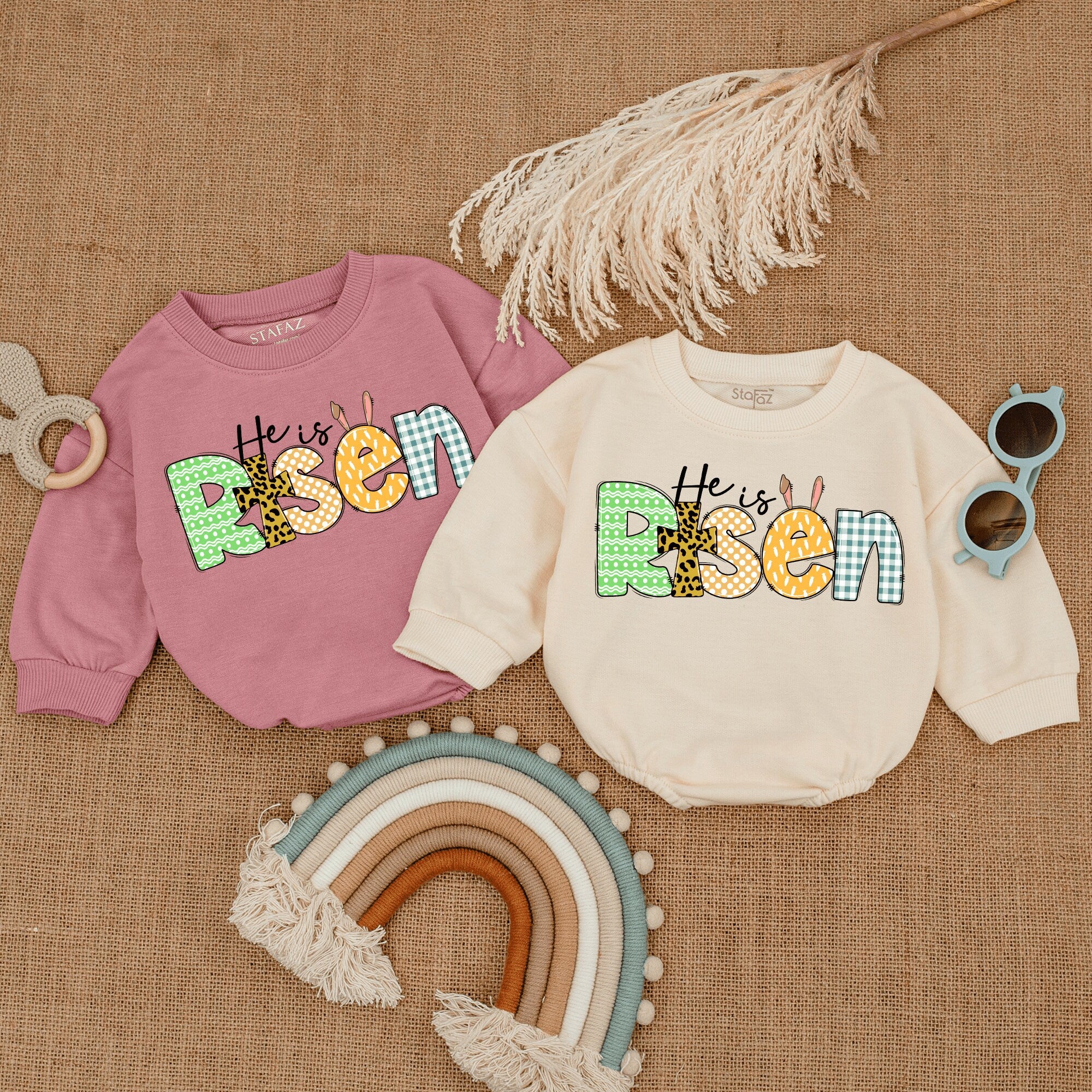 He Is Risen Baby Romper Easter Outfit Retro Colors Infant Toddler Tee Holiday Gift Soft Cotton Bunny Cross Design Party Wear
