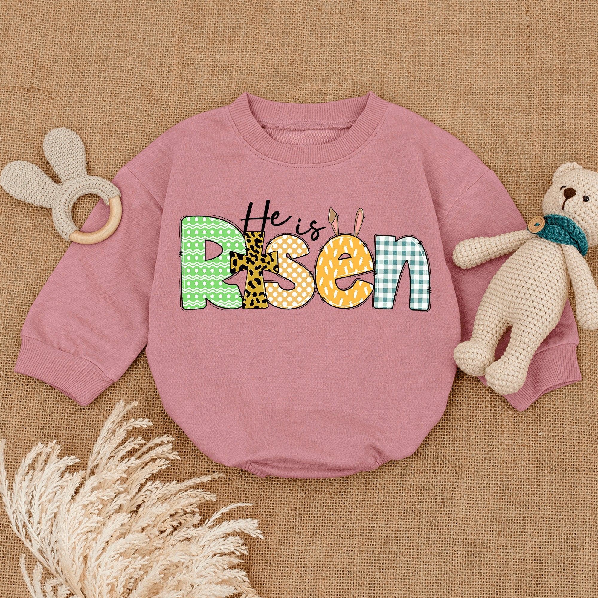 He Is Risen Baby Romper Easter Outfit Retro Colors Infant Toddler Tee Holiday Gift Soft Cotton Bunny Cross Design Party Wear