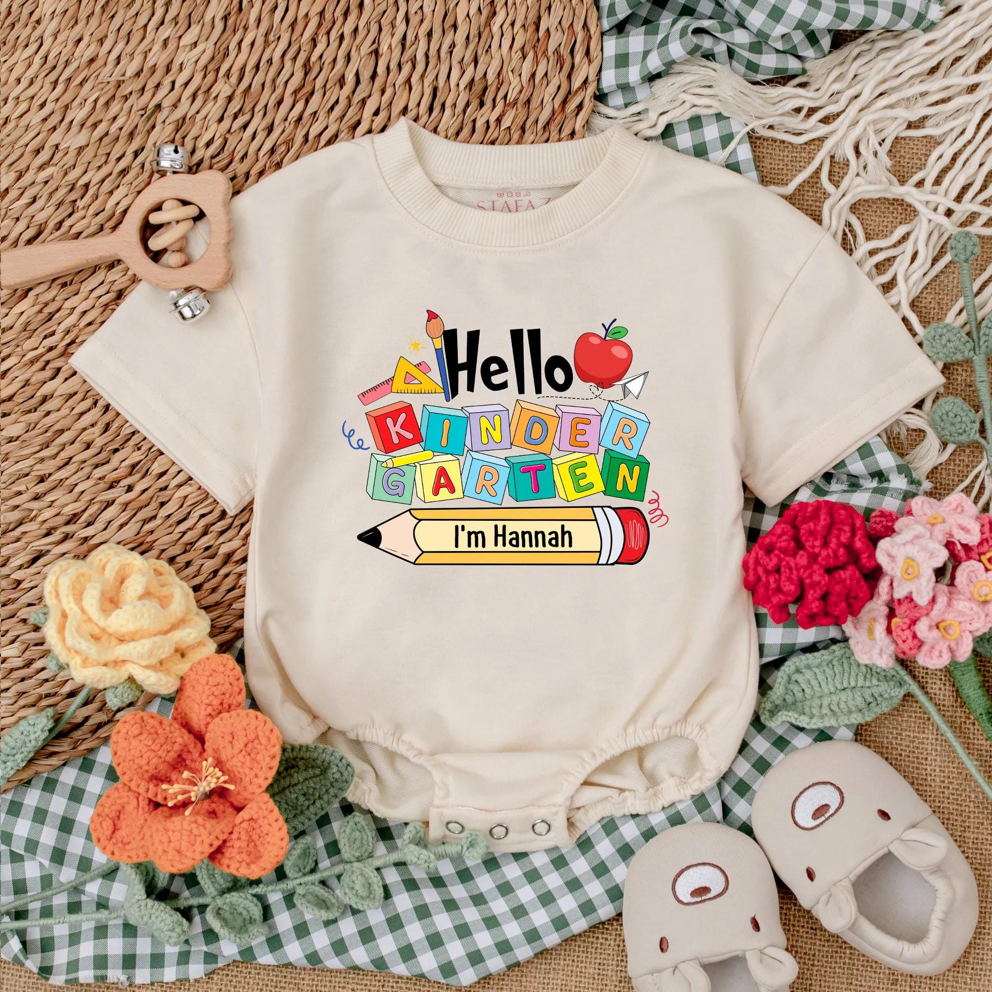 Hello Kindergarten Personalized Baby Romper with Name Pencil School Theme Infant Outfit for First Day Back to School Fun