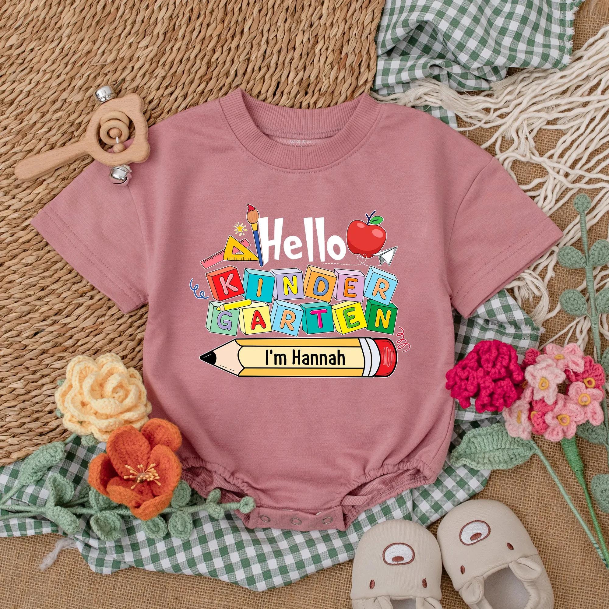 Hello Kindergarten Personalized Baby Romper with Name Pencil School Theme Infant Outfit for First Day Back to School Fun
