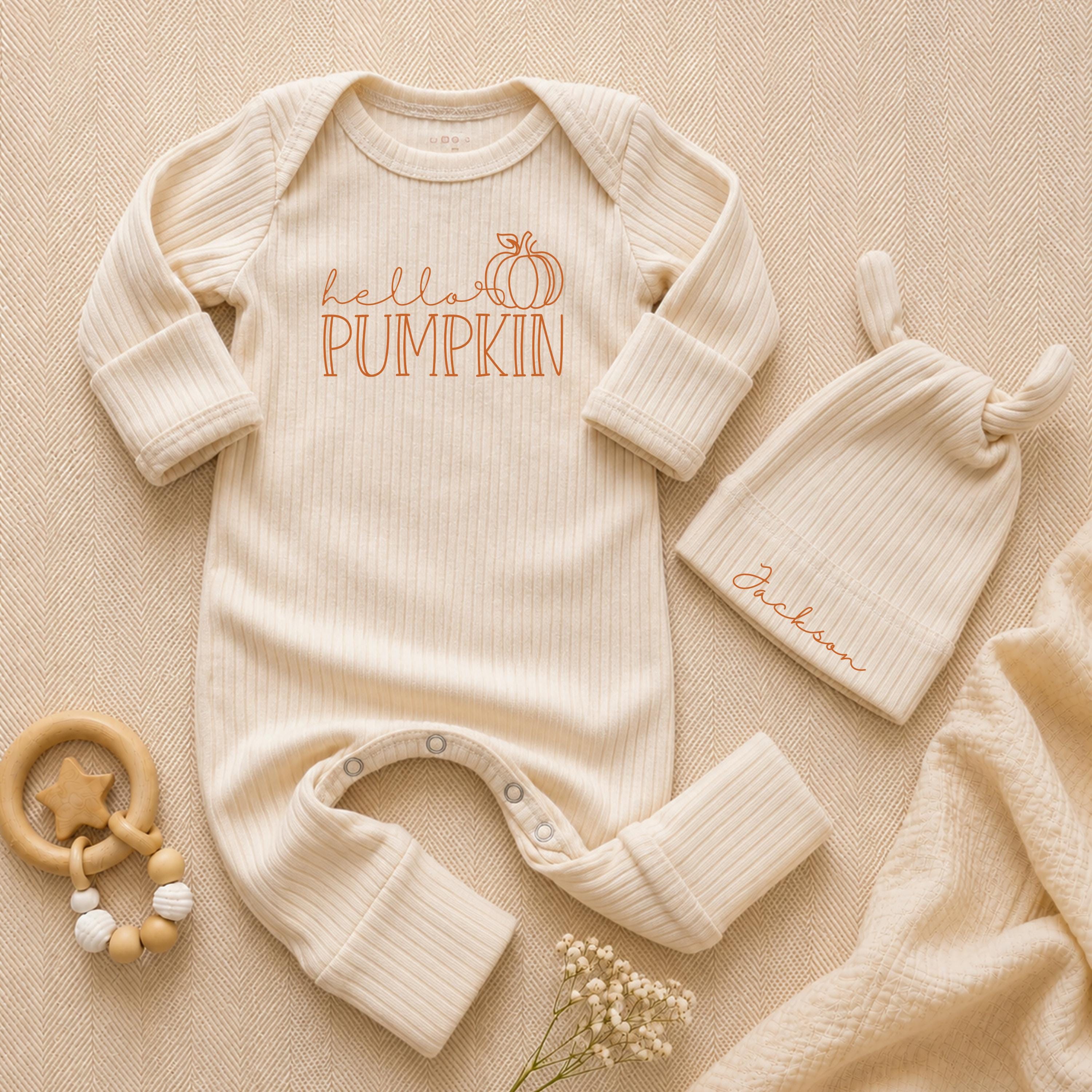 Hello Pumpkin Baby Bodysuit and Hat Set with Custom Name, Fall Newborn Coming Home Outfit, Cute Pumpkin Patch Baby Shower Gift