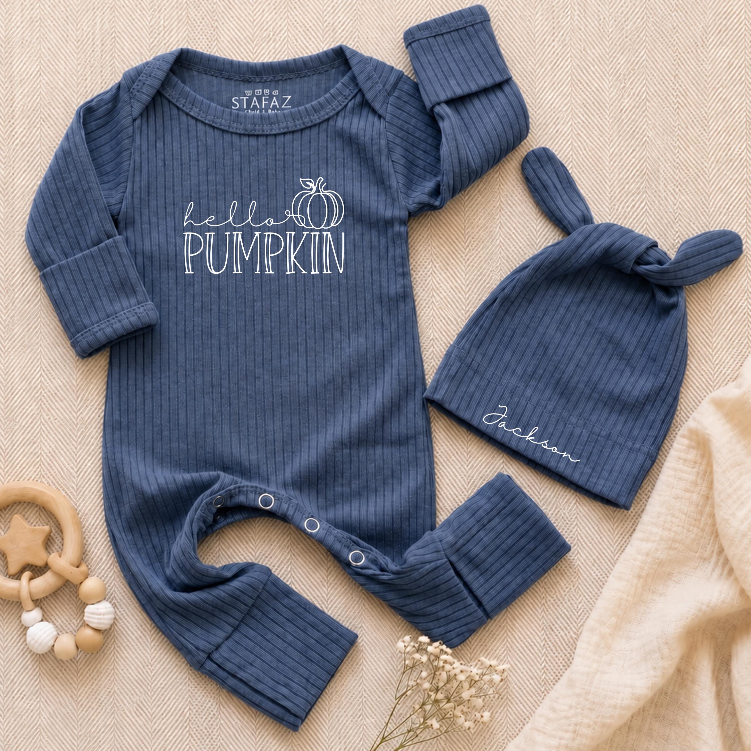 Hello Pumpkin Baby Bodysuit and Hat Set with Custom Name, Fall Newborn Coming Home Outfit, Cute Pumpkin Patch Baby Shower Gift