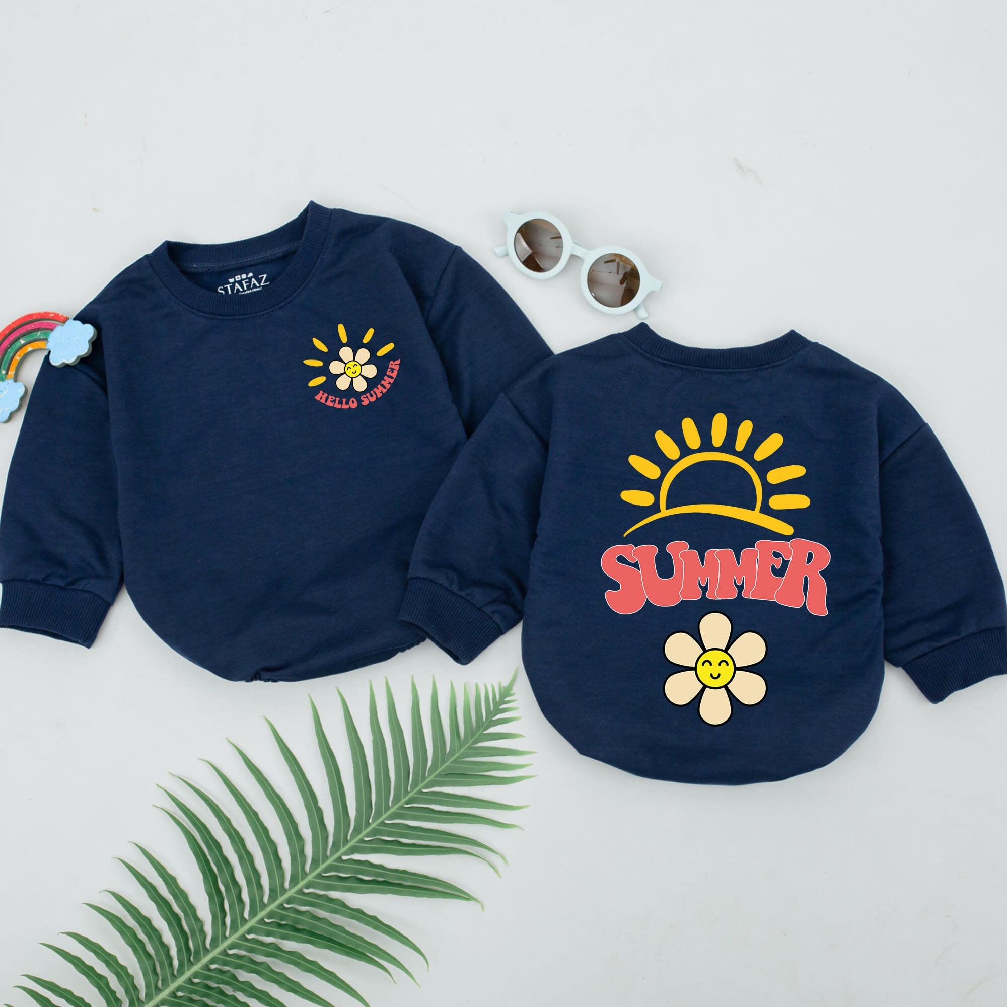 Hello Summer Baby Romper with Smiling Daisy and Sun Retro Design Soft Cotton Kids Vacation Outfit First Birthday Gift