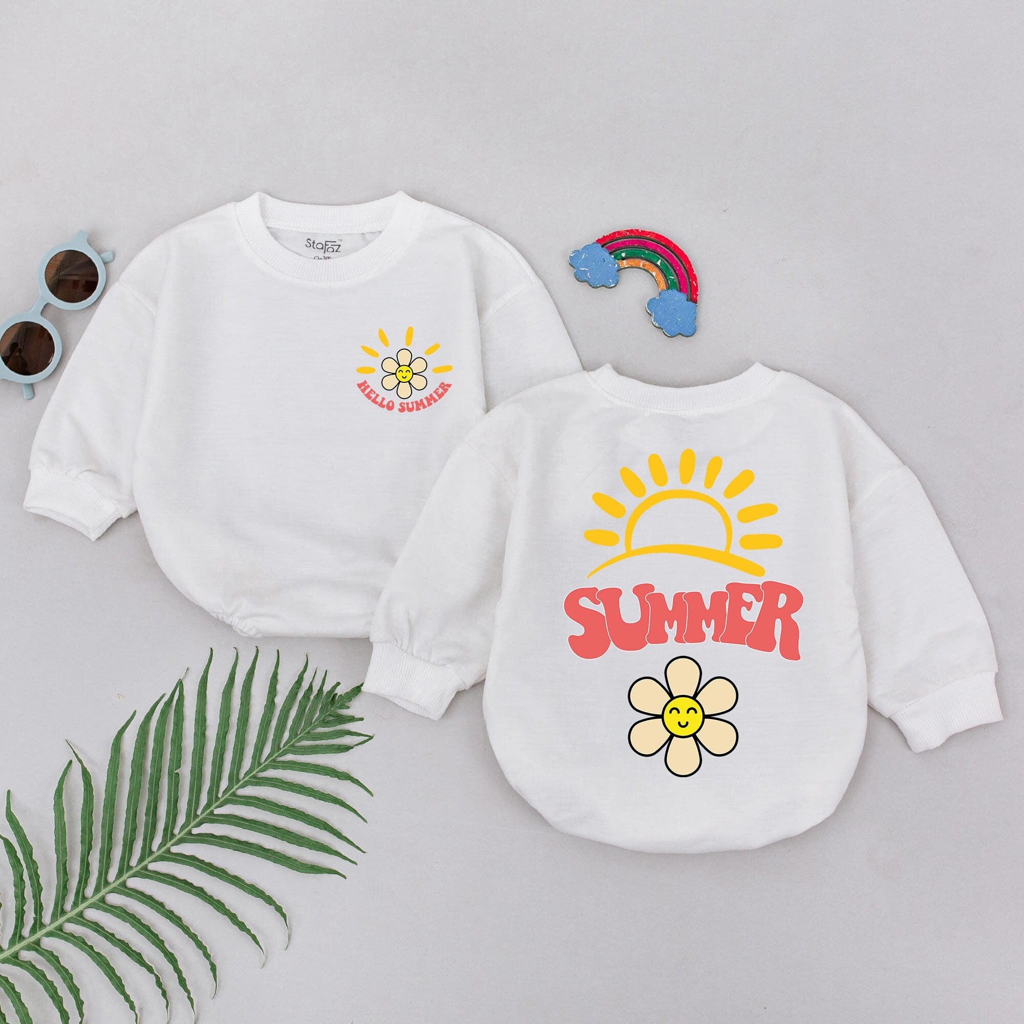 Hello Summer Baby Romper with Smiling Daisy and Sun Retro Design Soft Cotton Kids Vacation Outfit First Birthday Gift