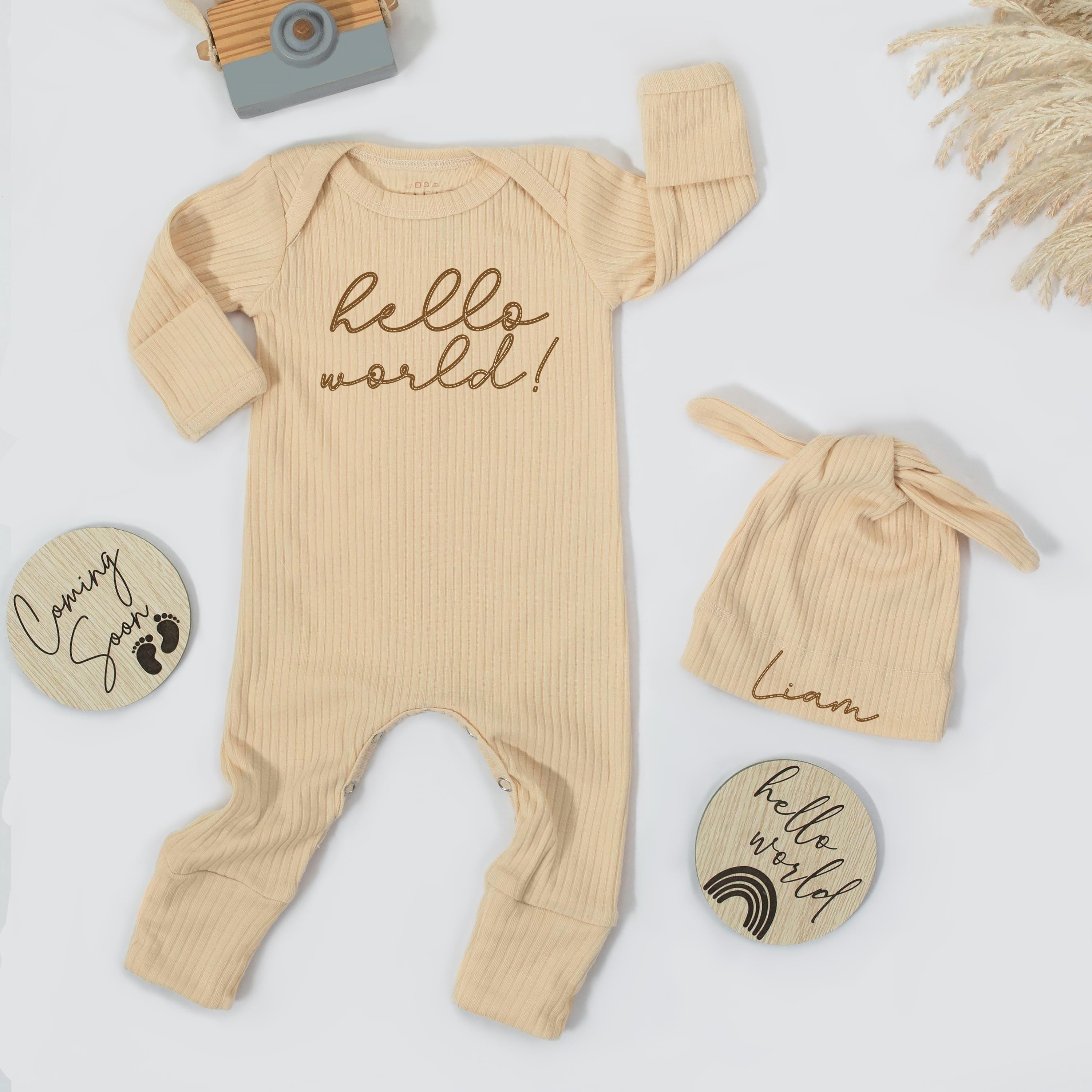 'Hello World!' Baby Bodysuit and Custom Name Knot Hat Set, Neutral Ribbed Newborn Coming Home Outfit, Baby Shower Gift Idea