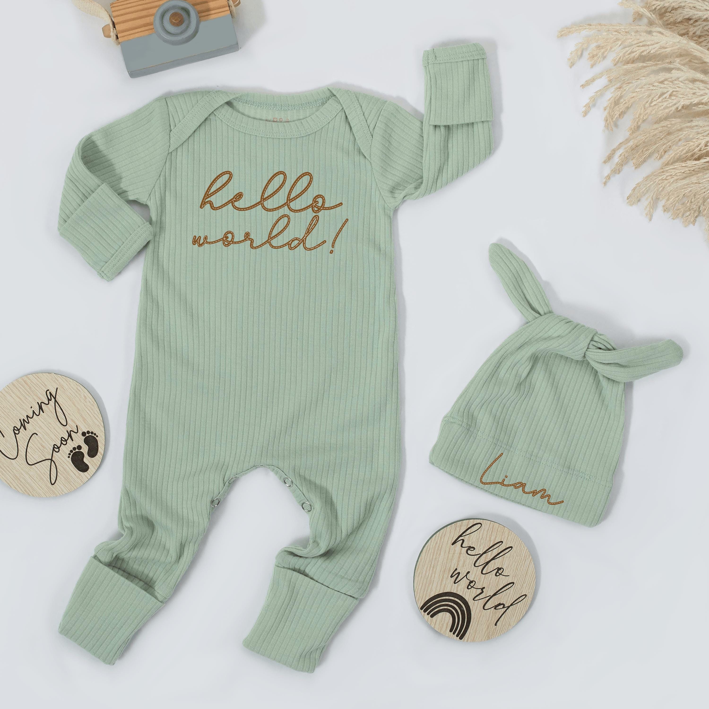 'Hello World!' Baby Bodysuit and Custom Name Knot Hat Set, Neutral Ribbed Newborn Coming Home Outfit, Baby Shower Gift Idea