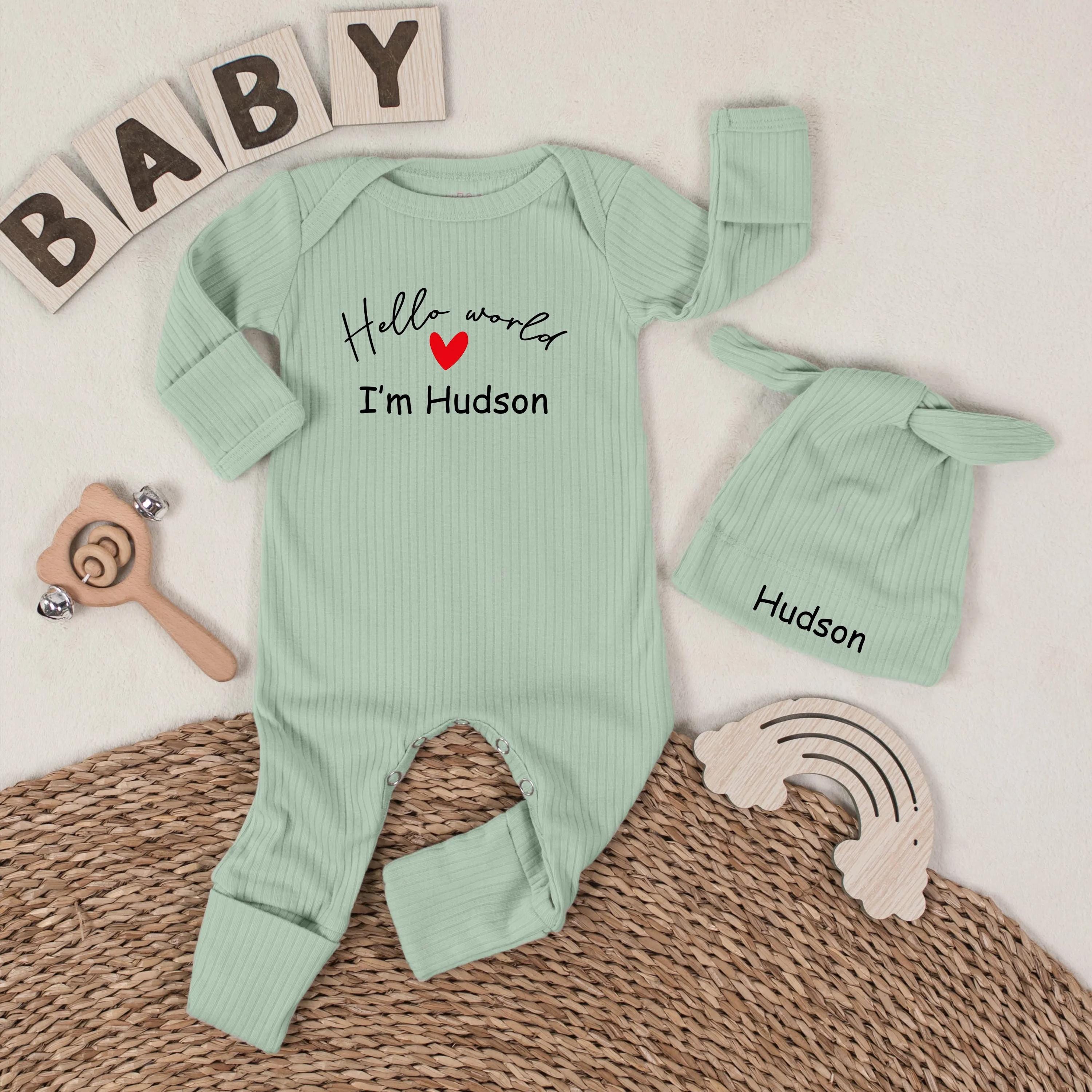 Hello World I'm Hudson Baby Romper with Heart Graphic and Custom Name Hat, Newborn Coming Home Outfit, Baby Shower Gift Set