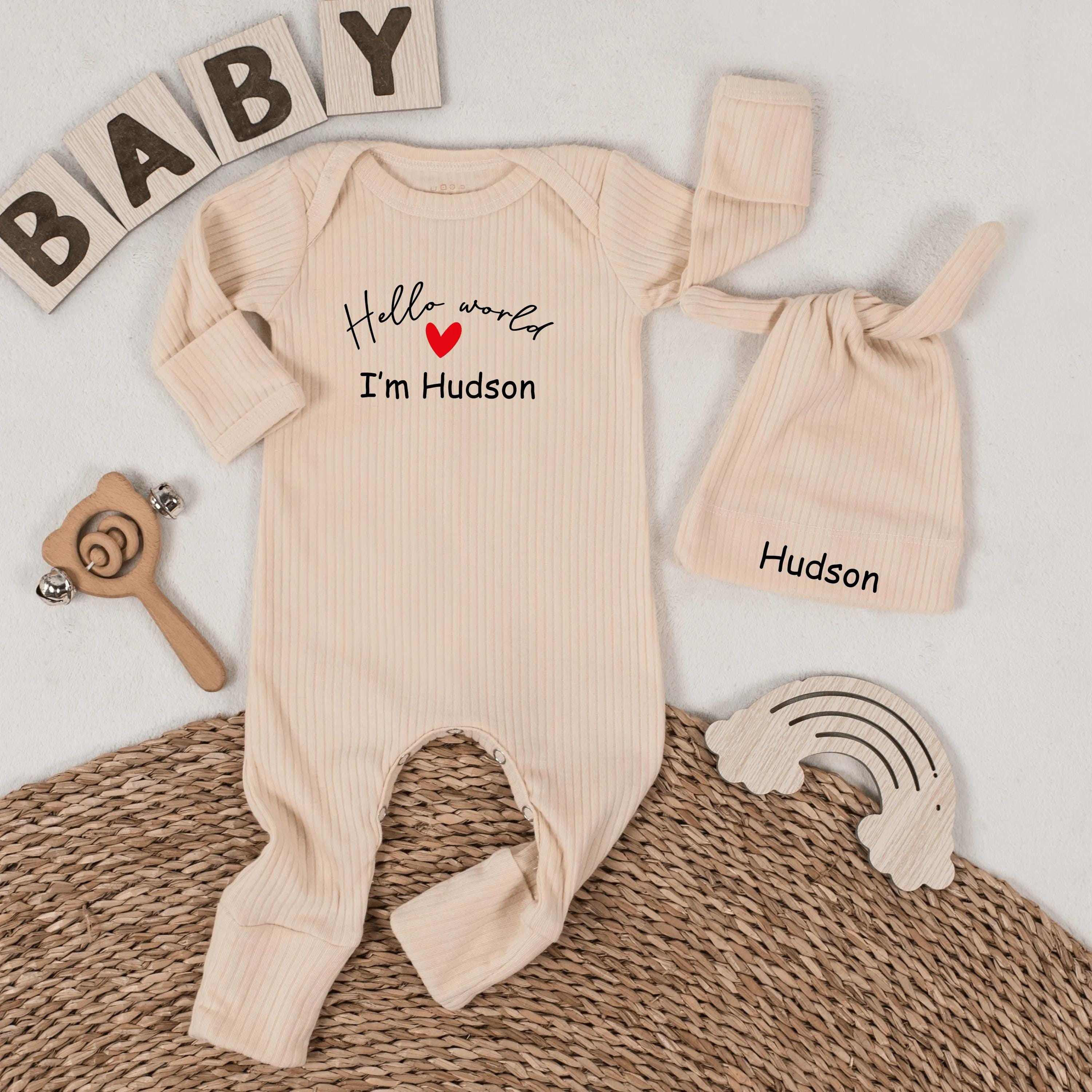 Hello World I'm Hudson Baby Romper with Heart Graphic and Custom Name Hat, Newborn Coming Home Outfit, Baby Shower Gift Set