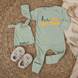 Hi I'm New Here Baby Bodysuit Custom Name Outfit Sage and Mustard Design Newborn Gift Cotton Comfortable Infant Announcement Set