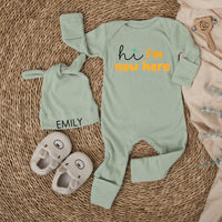 Hi I'm New Here Baby Bodysuit Custom Name Outfit Sage and Mustard Design Newborn Gift Cotton Comfortable Infant Announcement Set