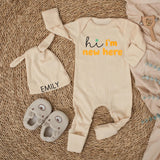 Hi I'm New Here Baby Bodysuit Custom Name Outfit Sage and Mustard Design Newborn Gift Cotton Comfortable Infant Announcement Set