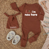 Hi I'm New Here Baby Bodysuit Custom Name Outfit Sage and Mustard Design Newborn Gift Cotton Comfortable Infant Announcement Set