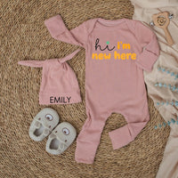 Hi I'm New Here Baby Bodysuit Custom Name Outfit Sage and Mustard Design Newborn Gift Cotton Comfortable Infant Announcement Set