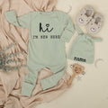 Custom Baby Bodysuit and Hat Set - 'Hi I'm New Here' Print, Gender Neutral Long Sleeve Romper, Soft Cotton Newborn Outfit for Baby Shower Gift