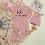 Custom Baby Bodysuit and Hat Set - 'Hi I'm New Here' Print, Gender Neutral Long Sleeve Romper, Soft Cotton Newborn Outfit for Baby Shower Gift