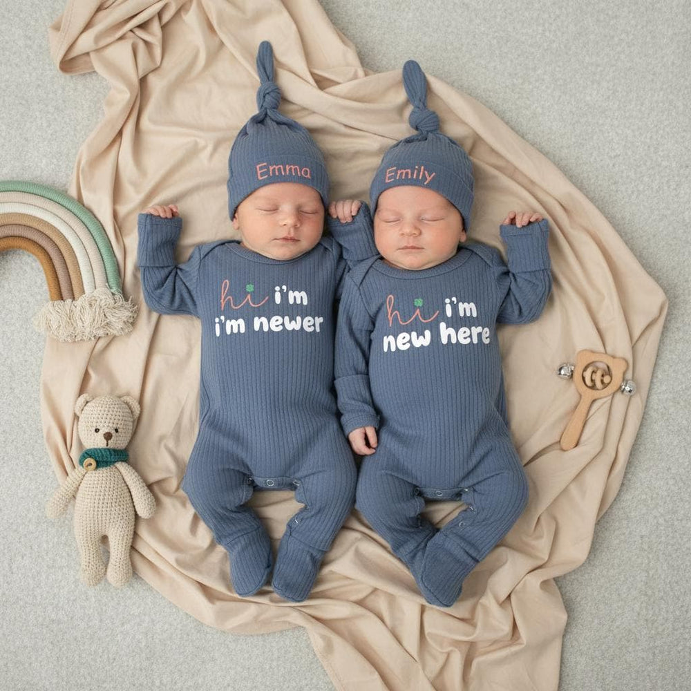 Hi I'm New Here Bodysuit and Hat Set for Twins Baby Custom Names Coral Embroidery Newborn Coming Home Outfit Announcement Gift