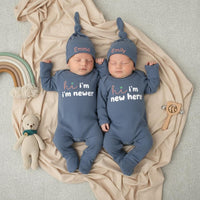 Hi I'm New Here Bodysuit and Hat Set for Twins Baby Custom Names Coral Embroidery Newborn Coming Home Outfit Announcement Gift