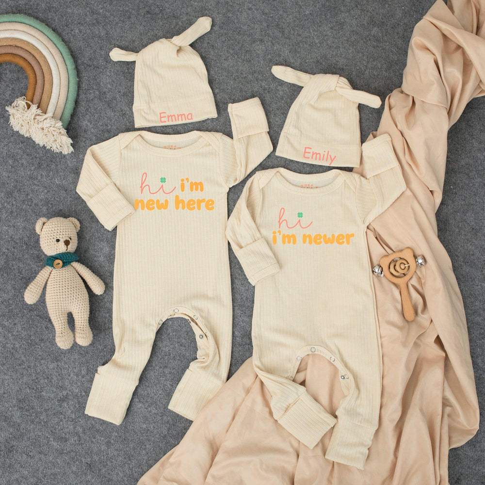 Hi I'm New Here Bodysuit and Hat Set for Twins Baby Custom Names Coral Embroidery Newborn Coming Home Outfit Announcement Gift
