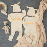 Hi I'm New Here Bodysuit and Hat Set for Twins Baby Custom Names Coral Embroidery Newborn Coming Home Outfit Announcement Gift