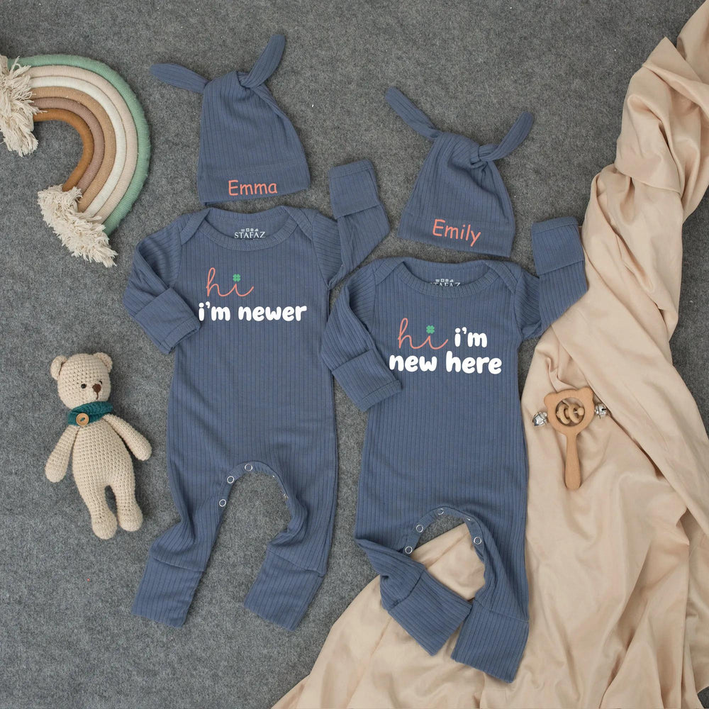 Hi I'm New Here Bodysuit and Hat Set for Twins Baby Custom Names Coral Embroidery Newborn Coming Home Outfit Announcement Gift